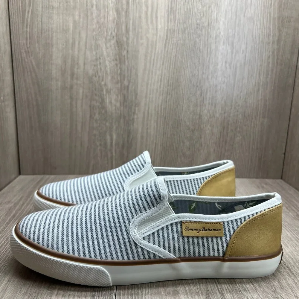 Tommy Bahama Striped Canvas Slip On Sneakers Womens 8.5 Flat Low Top White Gray - Picture 2 of 14